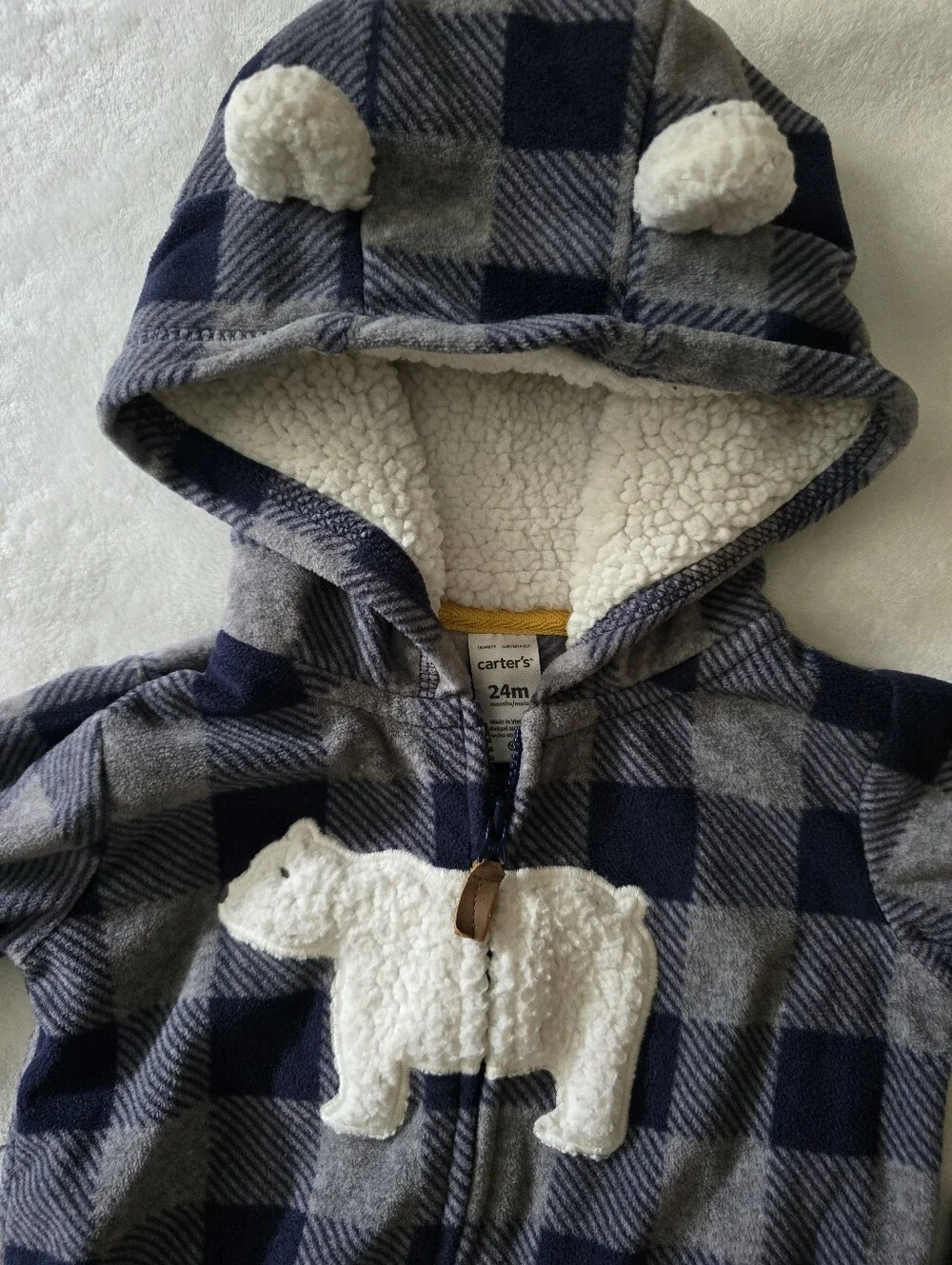 Carter's Navy Plaid Fleexe Bear Hooded Jumpsuit - Size 24 Months